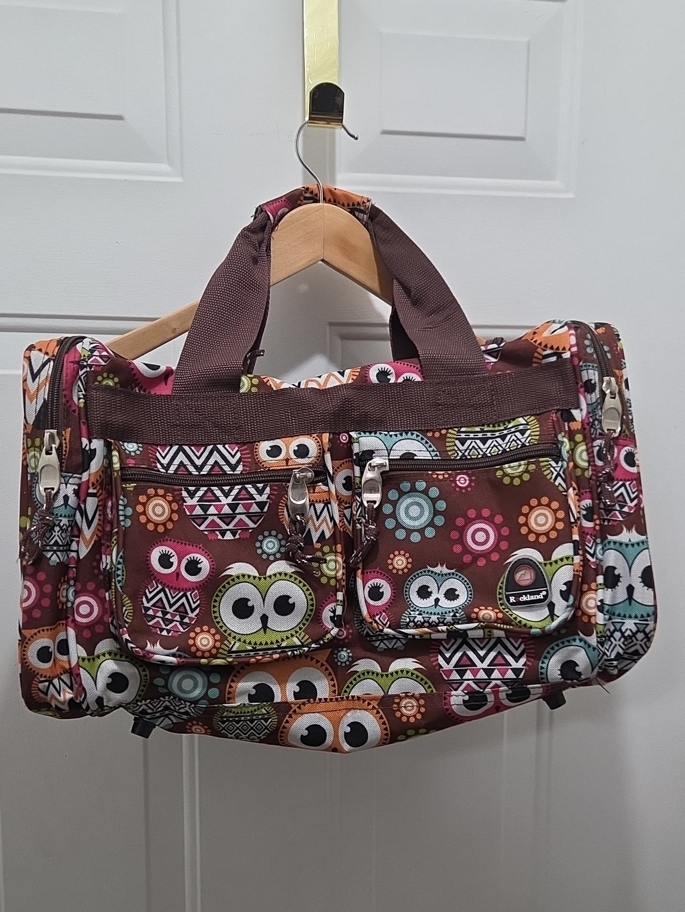NWOT Small Colorful Owl Print Brown Duffel/Weekender Bag